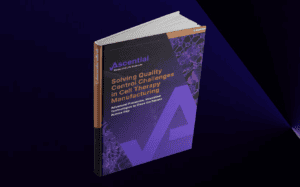 A book titled "Solving Quality Control Challenges in Cell Therapy Manufacturing" by Ascential, featuring a purple and brown cover with scientific illustrations.